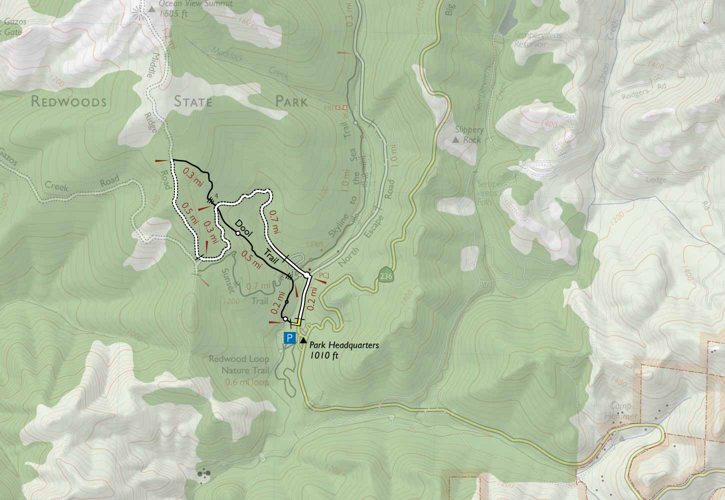 Map of the Dool Trail loop in Big Basin Redwoods State Park