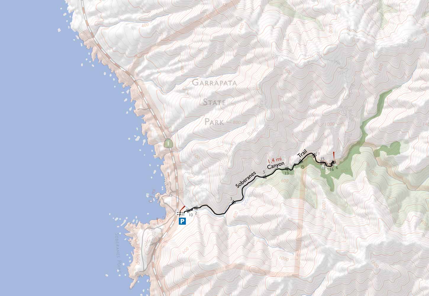 Map of the Rocky Ridge and Soberanes Canyon loop, Garrapata State Park, Big Sur