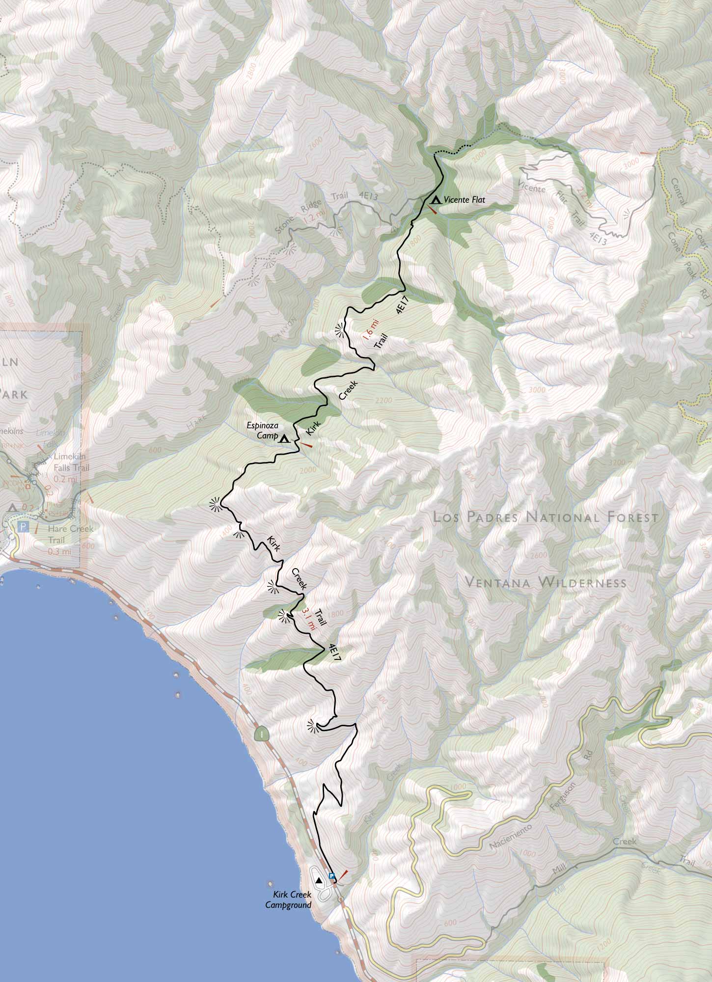Map of the Vicente Flat Trail in Los Padres National Forest, Big Sur