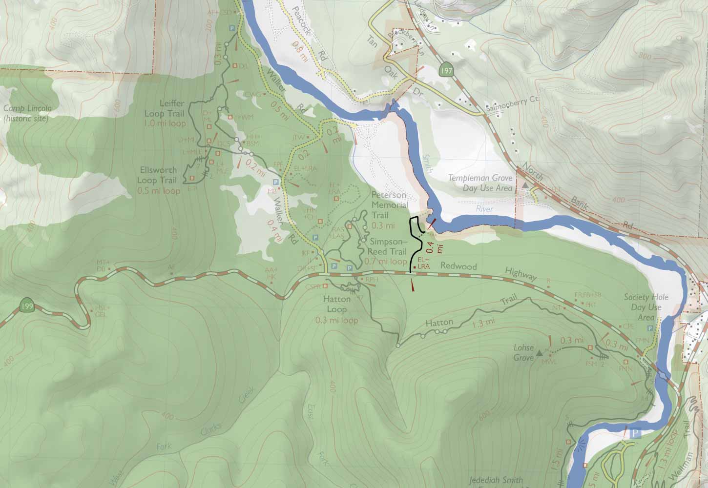 Trail map of the Adams Grove trail, Jedediah Smith Redwoods State Park